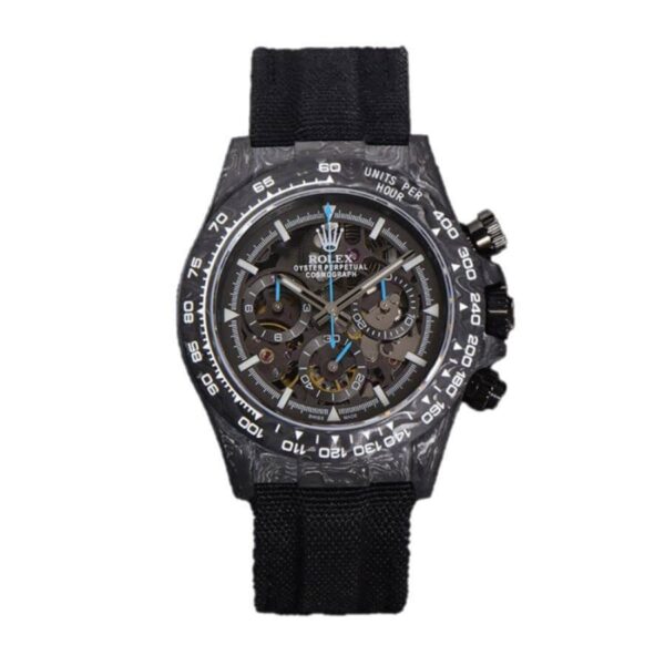 DIW-Daytona-Skeleton-Dial-in-Carbon-with-Blue-Hands-on-Black-Nylon-Strap-1-1-1 Rolex Daytona DIW Carbon Skeleton Superior Replica