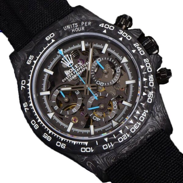 DIW-Daytona-Skeleton-Dial-in-Carbon-with-Blue-Hands-on-Black-Nylon-Strap-1-1-2 Rolex Daytona DIW Carbon Skeleton Superior Replica