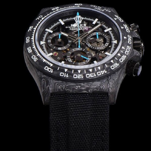 DIW-Daytona-Skeleton-Dial-in-Carbon-with-Blue-Hands-on-Black-Nylon-Strap-1-9-1 Rolex Daytona DIW Carbon Skeleton Superior Replica